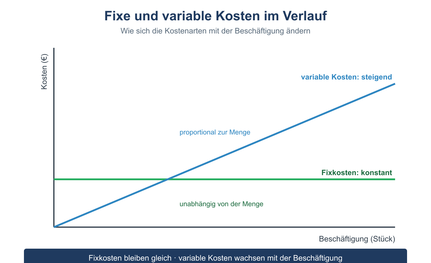 Diagramm: waagrechte Fixkostenlinie und ansteigende variable Kostenlinie über die Beschäftigung.
