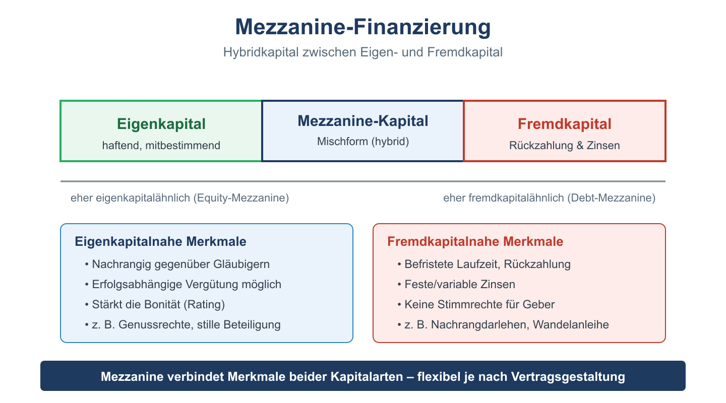 Kapital-Kontinuum: Mezzanine-Kapital als Zwischenstufe zwischen Eigen- und Fremdkapital mit Merkmalen beider Seiten.
